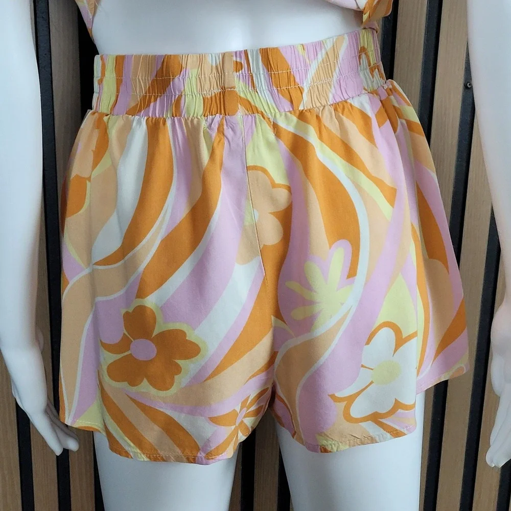 L.I.F.E. Shorts Set Retro Psychedelic Floral Orange Pink Rayon 2pc Medium